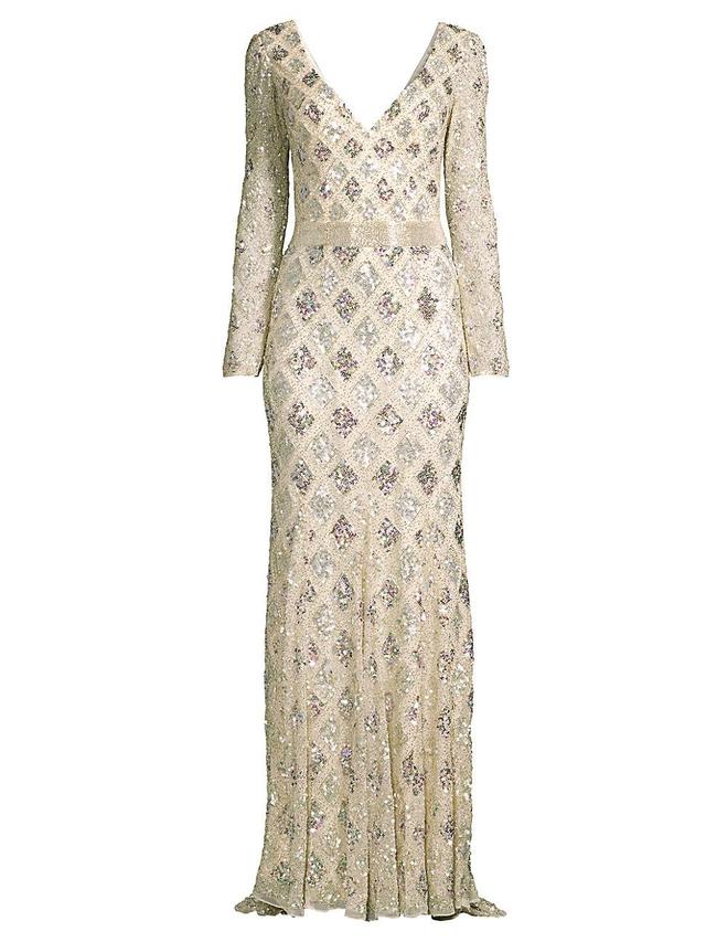 Womens Lattice Sequin Long-Sleeve Gown Product Image