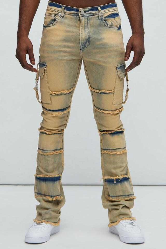 Lined Fray Cargo Flare Jeans - Vintage Blue Wash Product Image