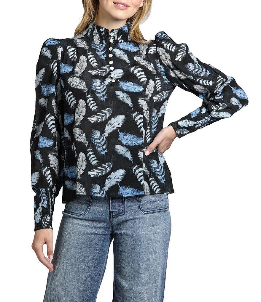 APNY Printed Smocked Mock Neckline Long Puff Sleeve Blouse product image