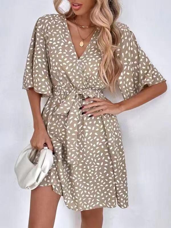 Half Sleeves Loose Pleated Printed Ruffled Tied Waist V-Neck Mini Dresses Product Image