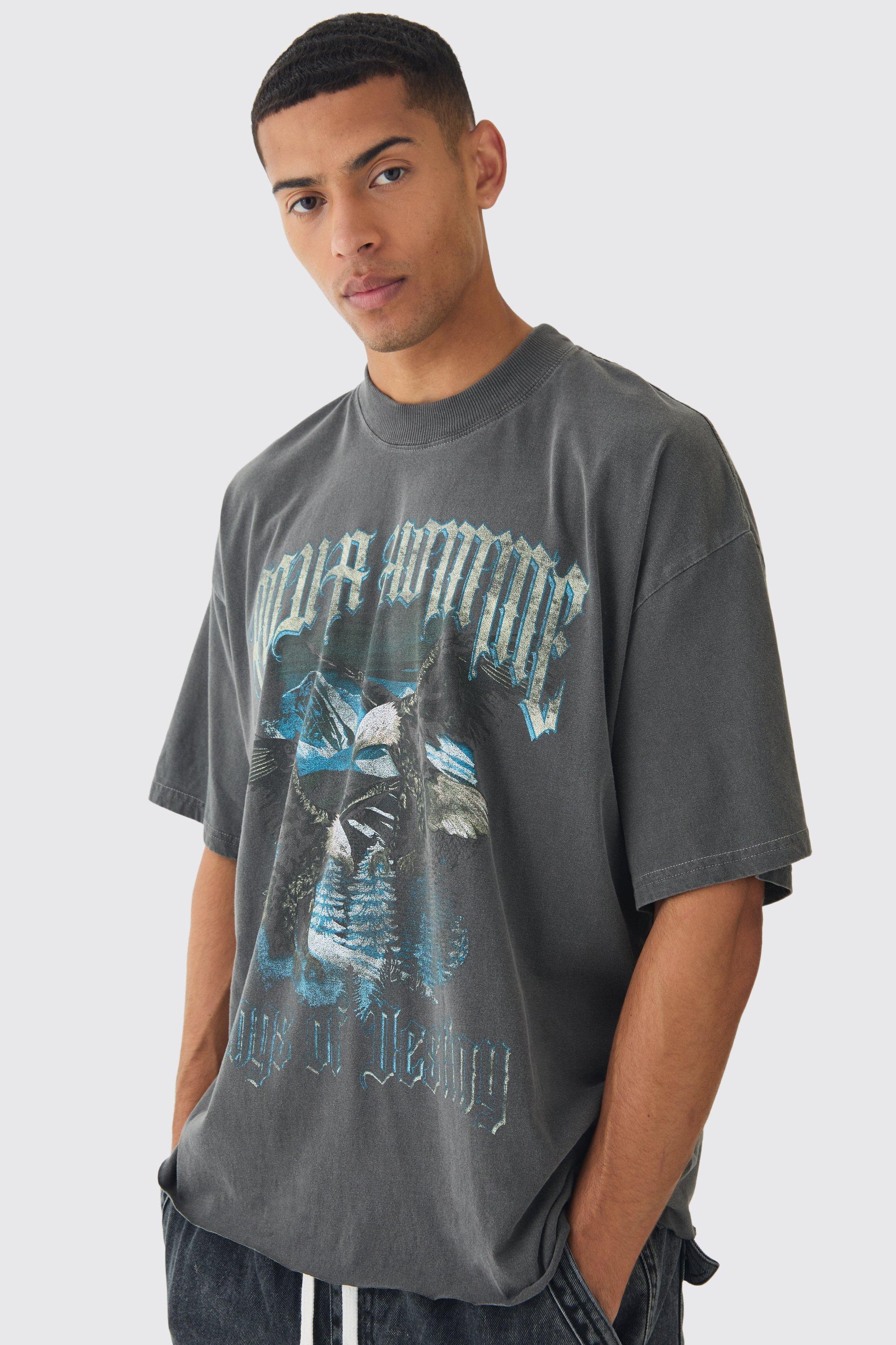 Oversized Boxy Extended Neck Eagle Print Raw Hem T-Shirt | boohooMAN USA Product Image