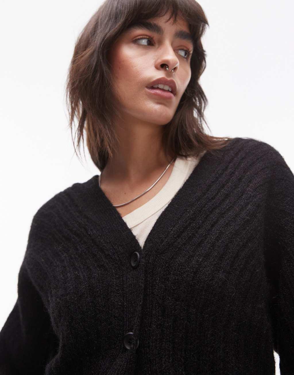 Topshop knit ovoid sleeve V-neck cardigan in black Product Image