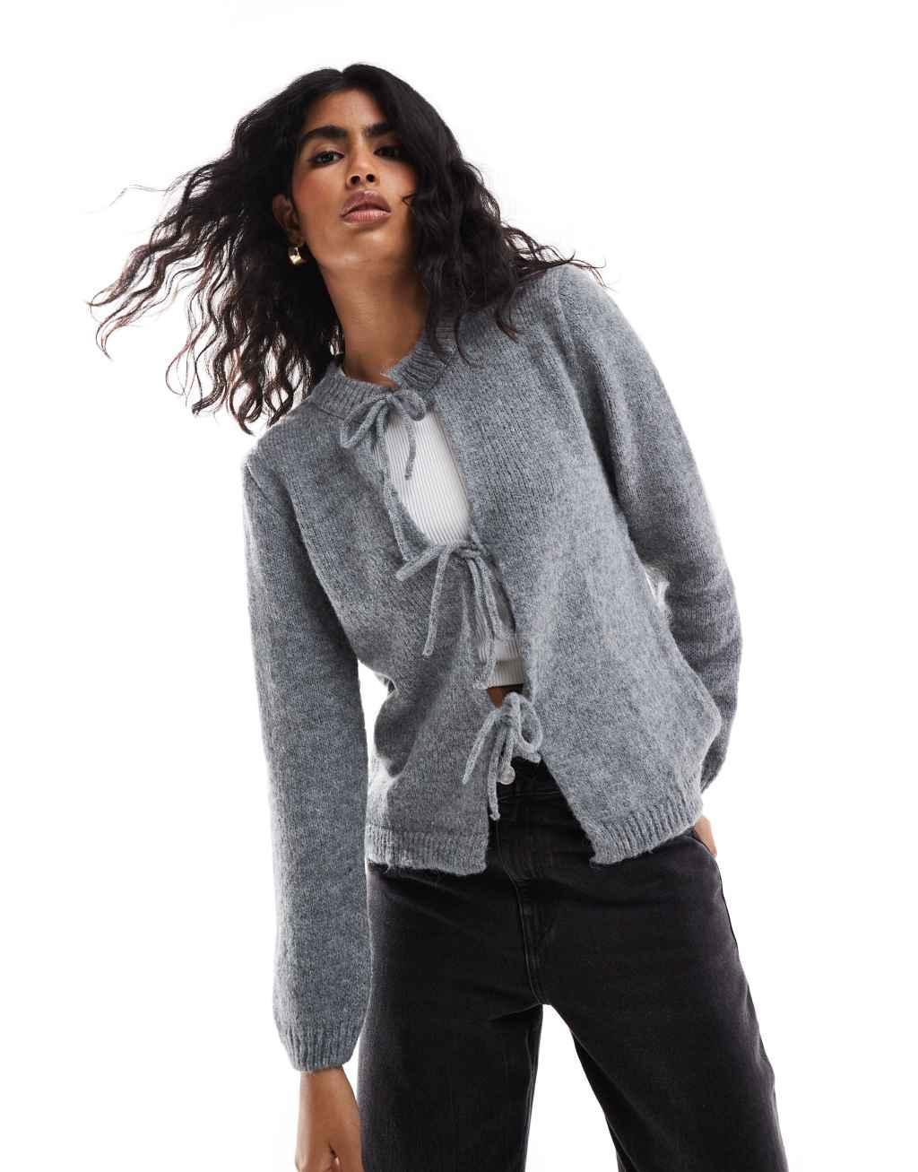 ASOS DESIGN knit wool look oversized tie front cardigan in gray Product Image