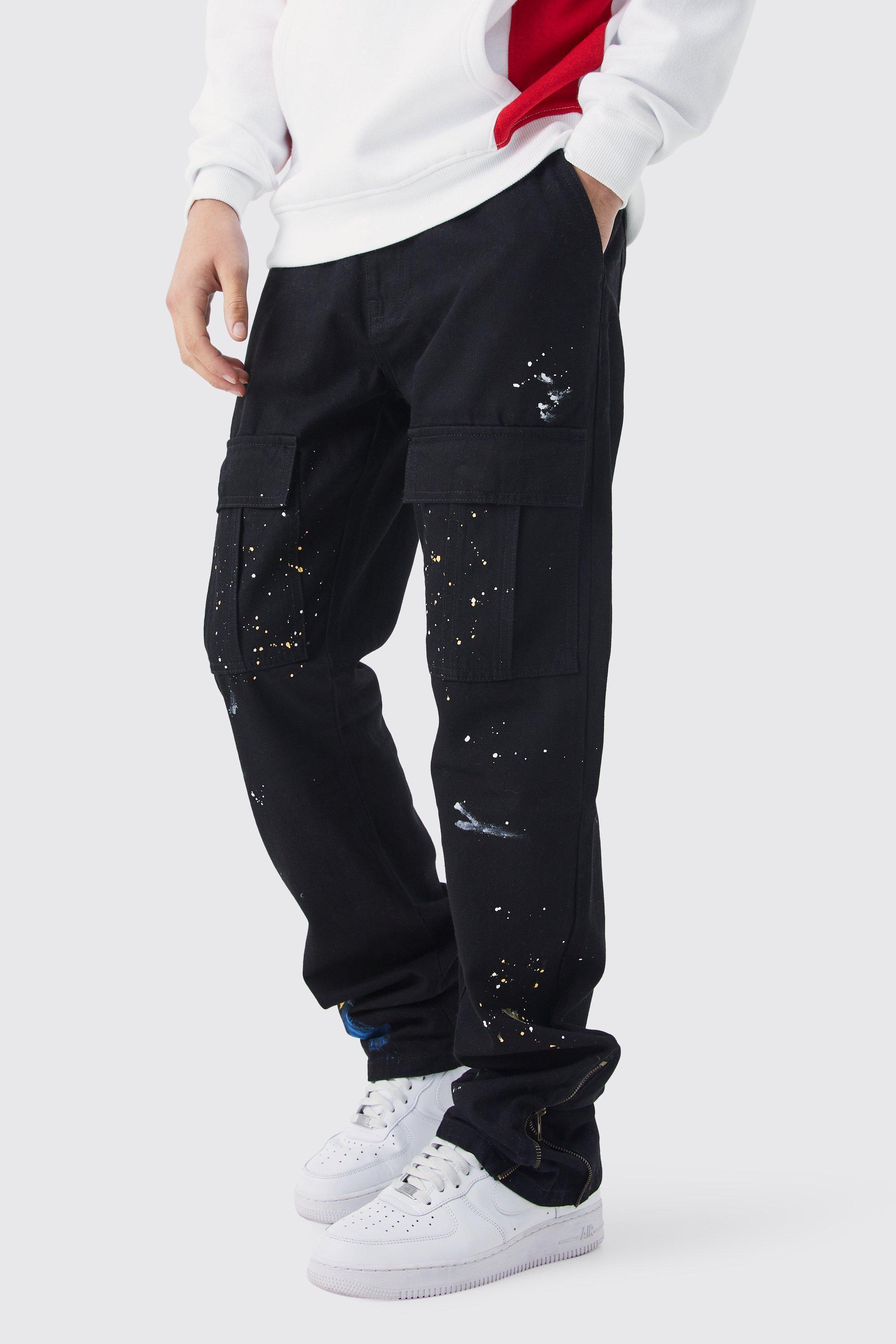 Mens Black Slim Stacked Zip Flare Paint Splatter Cargo Trouser, Black Product Image