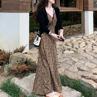 Plain Cardigan / Spaghetti Strap V-Neck Leopard Print Lace Trim Maxi Sundress Product Image