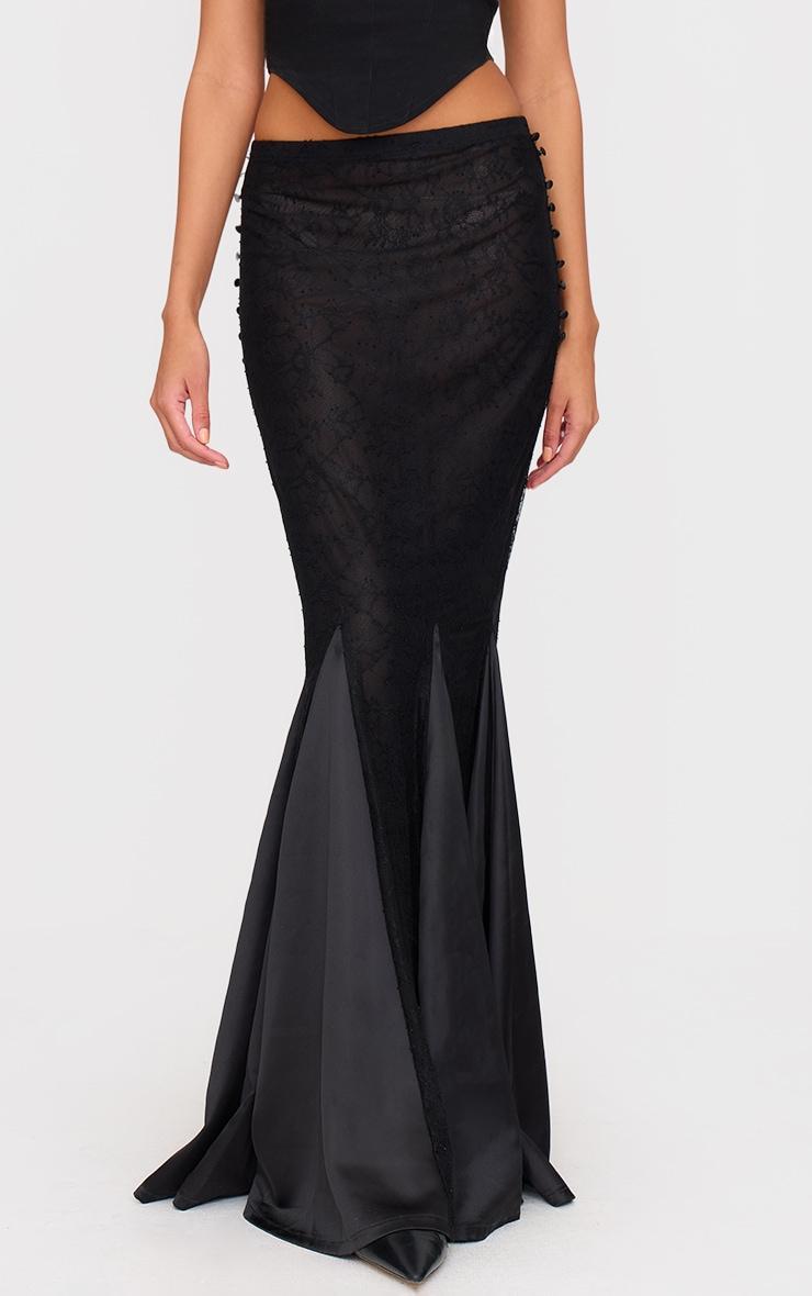 Black Premium Lace Satin Hem Detail Fishtail Maxi Skirt Product Image