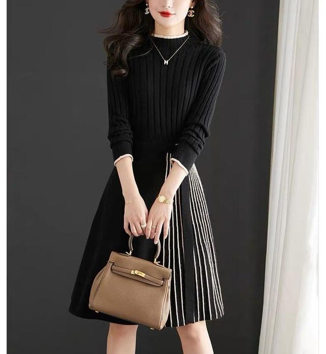 Long-Sleeve Mock Neck Plain Ribbed Knit Midi A-Line Dress Product Image