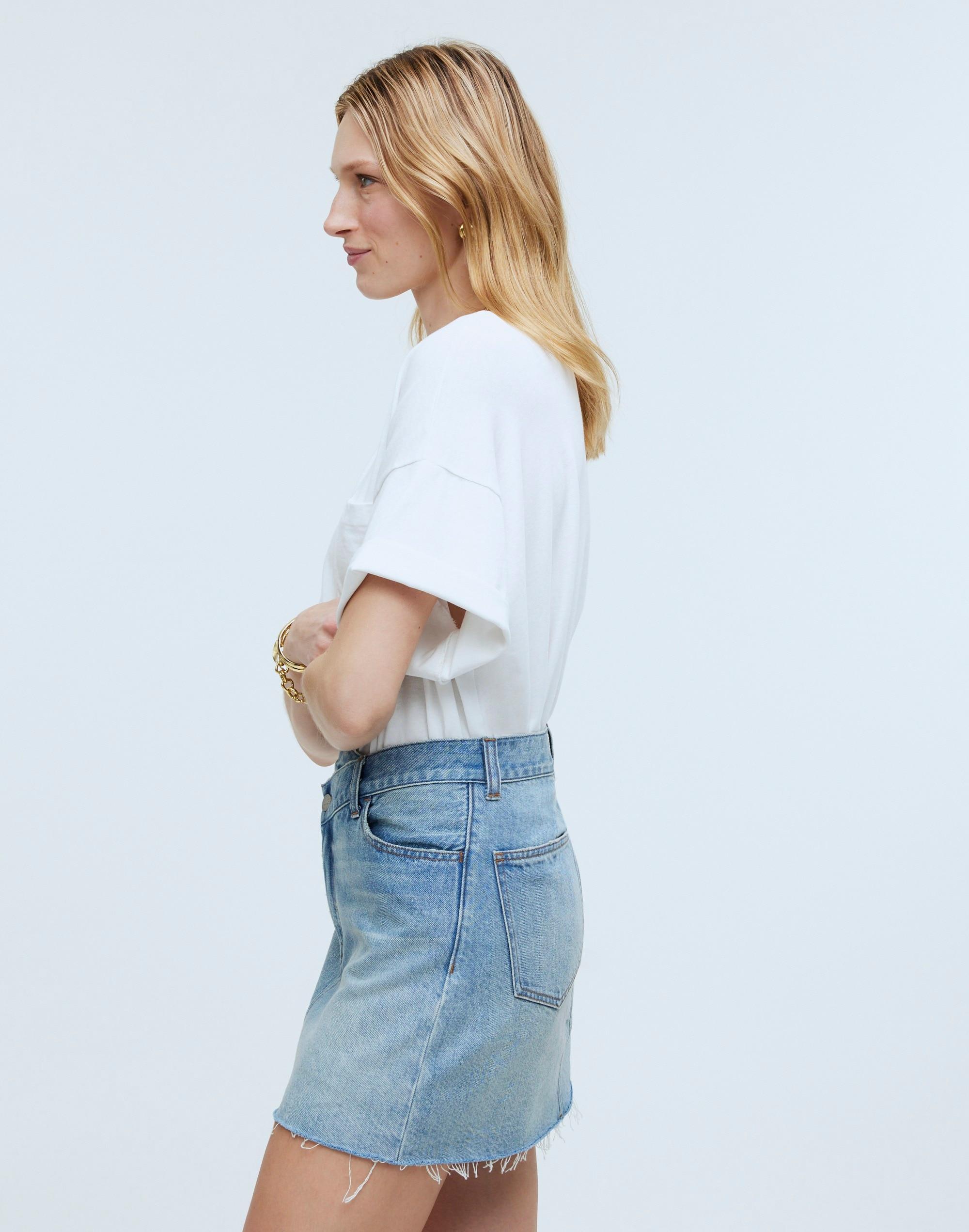 Denim Crossover-Waist Mini Skirt in Ladson Wash Product Image