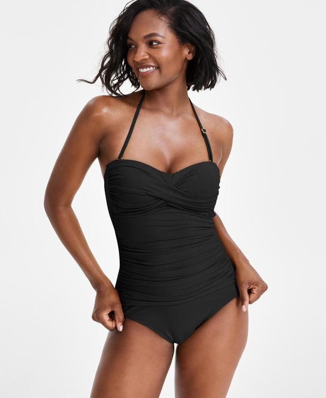 Anne Cole Women's Twist Front Ruched One Piece Swimsuit Black Product Image