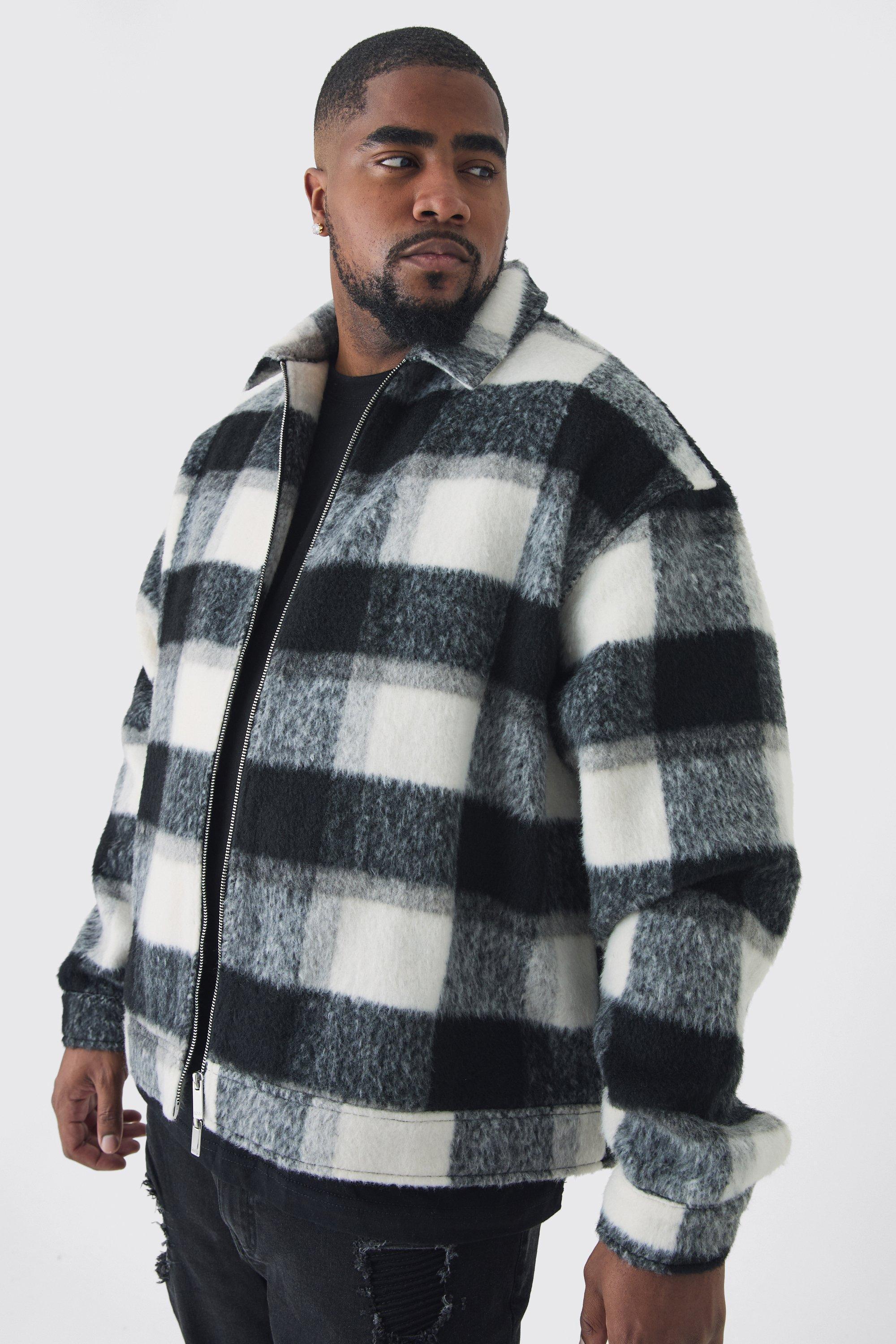 Plus Brushed Plaid Boxy Zip Up Shirt Jacket | boohooMAN USA Product Image