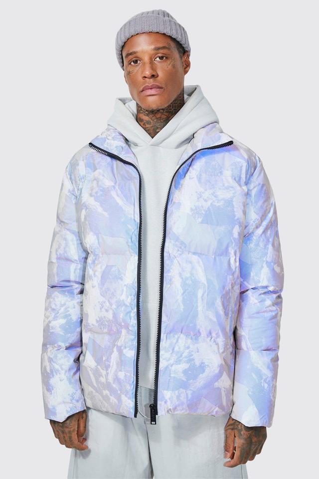 Mountain Reflective Print Funnel Neck Puffer | boohooMAN USA Product Image