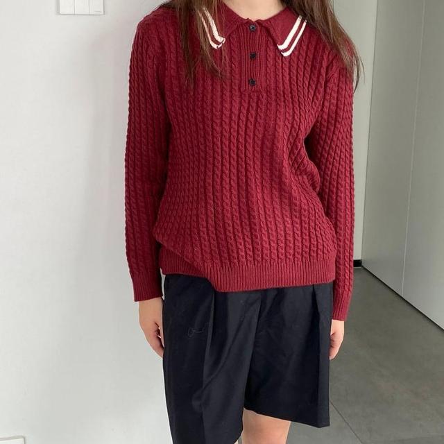 Contrast Trim Cable Knit Polo Sweater Product Image