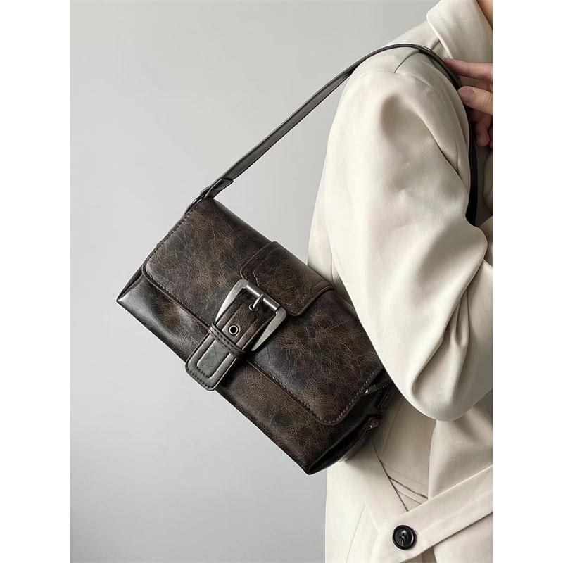 Plain Buckled Faux Leather Flap Crossbody Bag Product Image