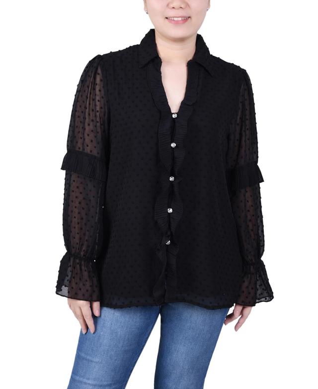 Ny Collection Petite Long Sleeve Dotted Chiffon Blouse Product Image