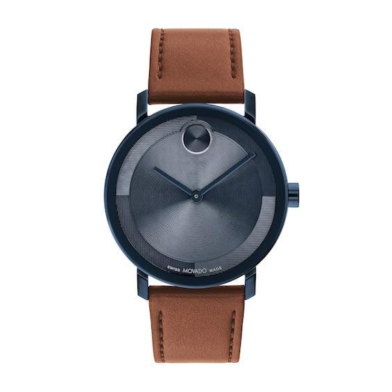 Men's Movado BoldÂ® Evolution Blue IP Brown Strap Watch with Textured Tonal Blue Dial (Model: 3601093) Product Image