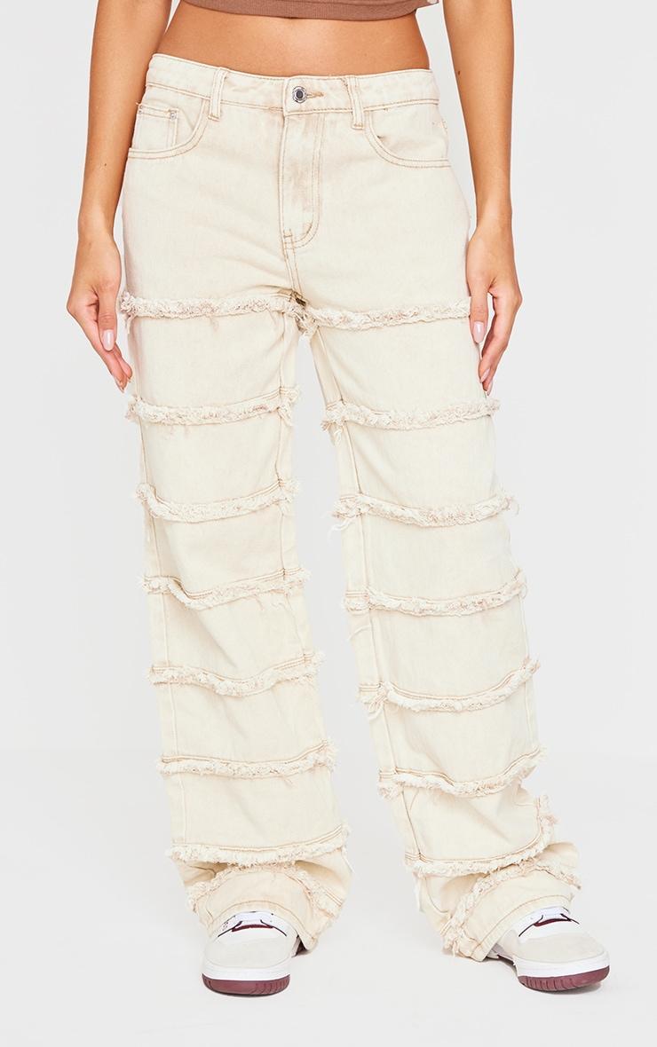 Washed Stone Frayed Striped Seam Wide Leg Jeans Product Image