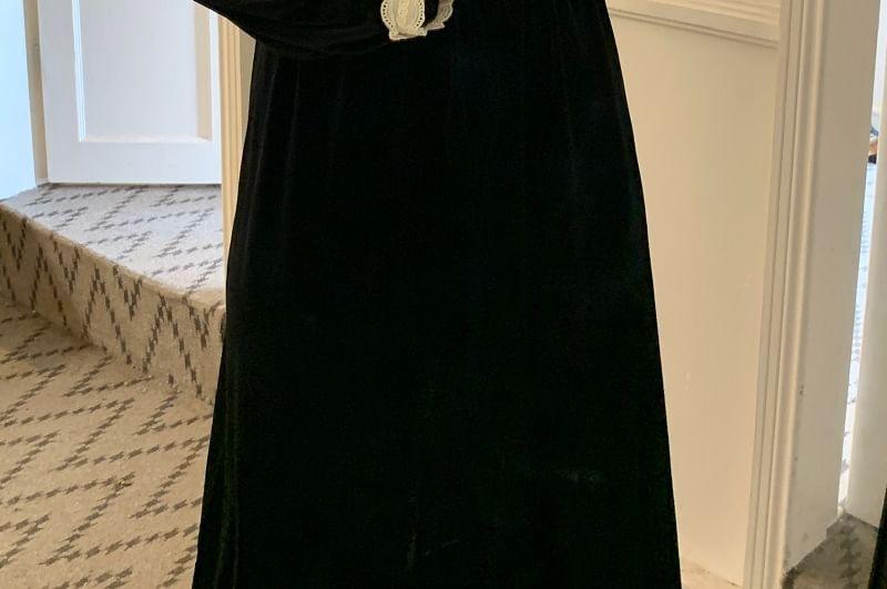 Long-Sleeve Frill Trim Velvet Maxi A-Line Dress Product Image