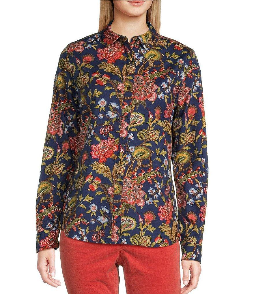 J.McLaughlin Lois Stretch Cotton Poplin Floral Print Point Collar Long Sleeve Button Front Blouse Product Image