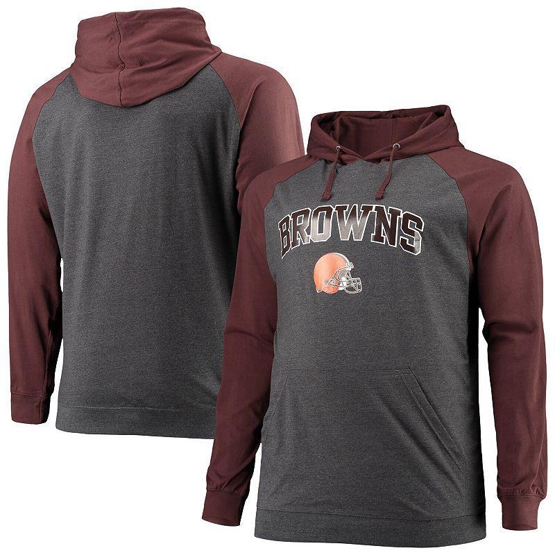 Men's Fanatics Branded Brown/Heathered Charcoal Cleveland Browns Big & Tall Lightweight Raglan Pullover Hoodie Product Image