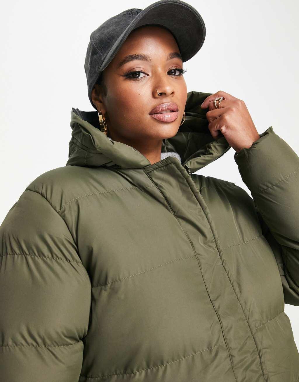 Threadbare Petite Hayley mid length puffer jacket in khaki Product Image