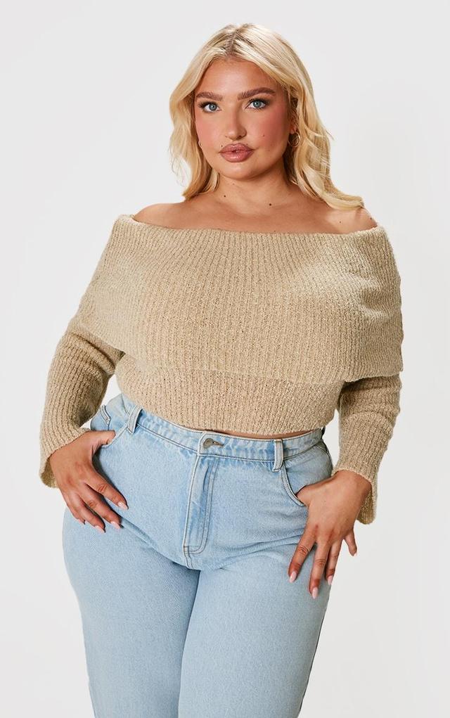 Plus Deep Nude Bardot Boucle Knit Crop Top Product Image