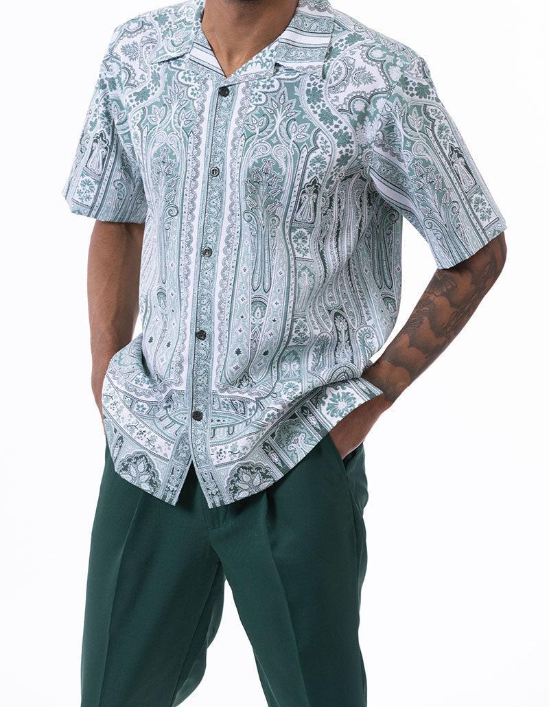 Emerald Floral Pattern Walking Suit 2 Piece Short Sleeve Set Product Image