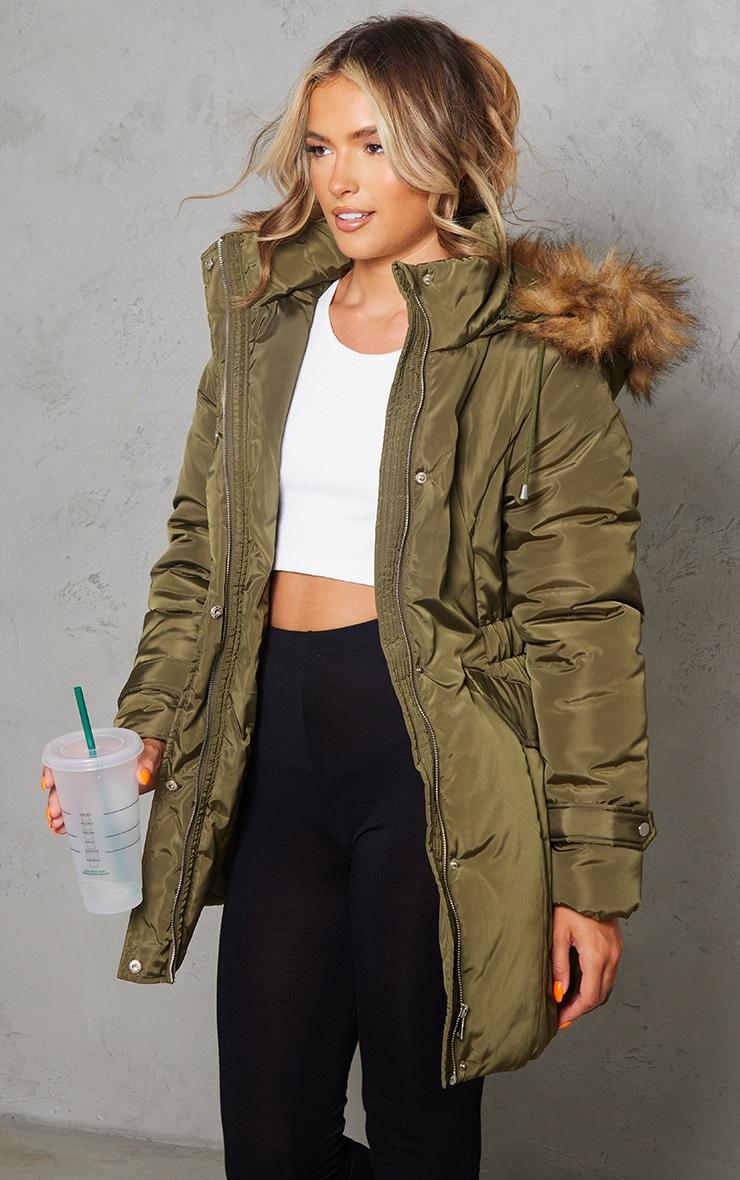 Khaki Faux Fur Hooded Elasticated Waist Longline Parka Product Image