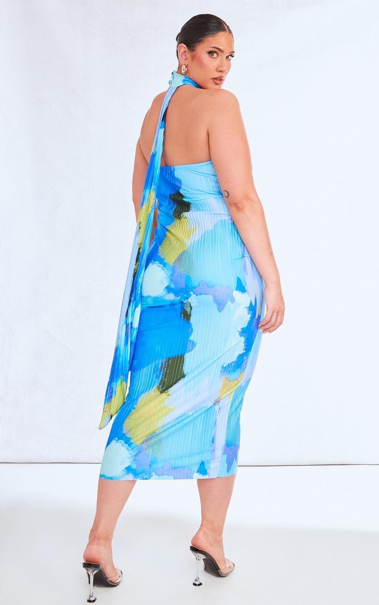 Plus Blue Abstract Choker Plisse Midi Dress Product Image