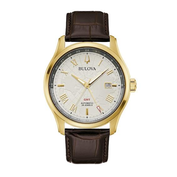 Men's Bulova Classic Wilton Gold-Tone Automatic Brown Leather Strap Watch with Silver-Tone Dial (Model: 97B210) Product Image