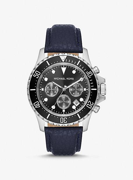 Oversized Everest Silver-Tone and Pebbled Leather Watch Product Image