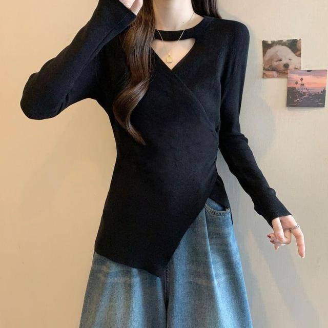 Long-Sleeve Crew Neck Asymmetrical Cutout Knit Top Product Image