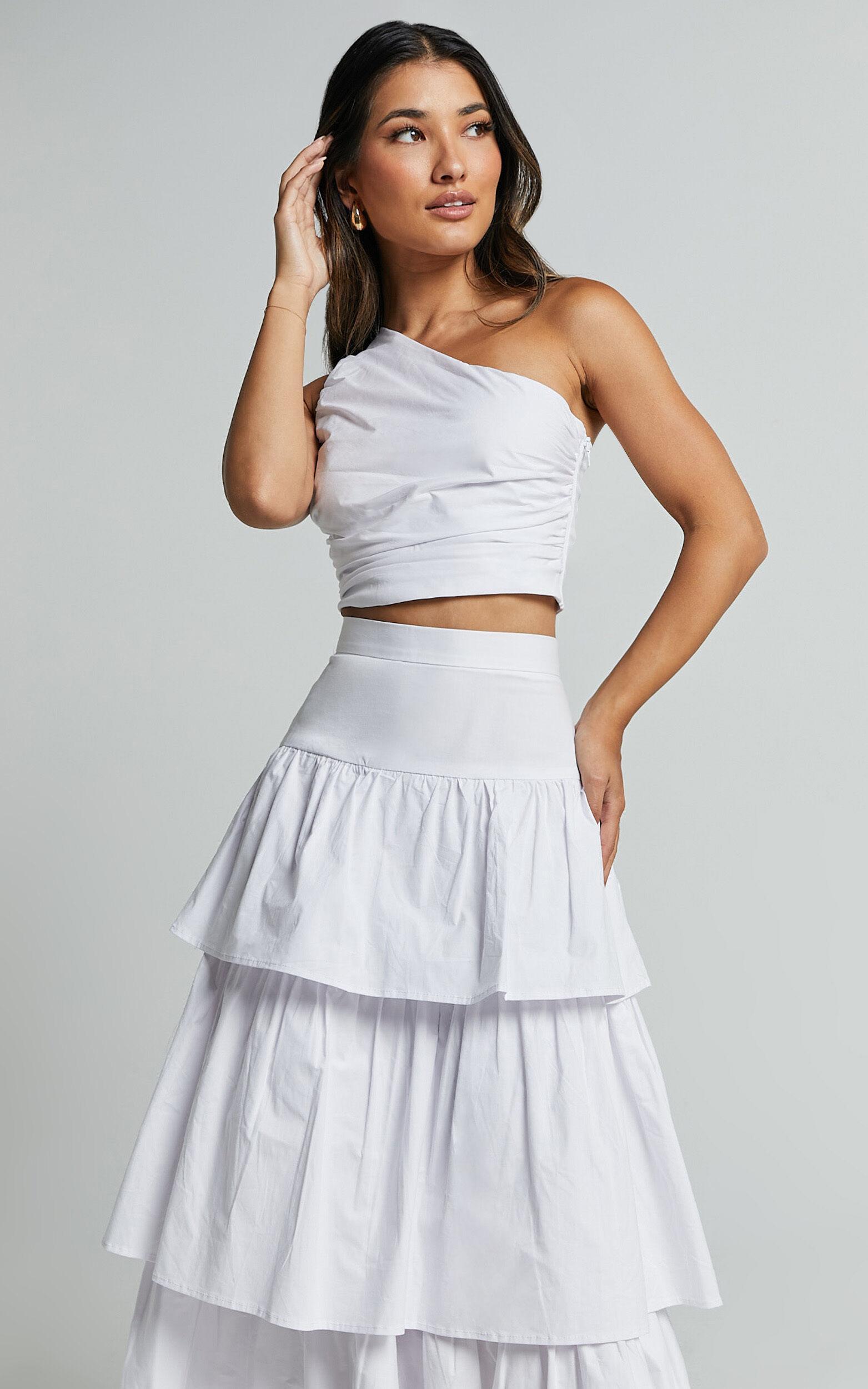 Kaycie Two Piece Set - One Shoulder Asymmetrical Ruched Top and Tiered Midi Skirt Set in White Product Image