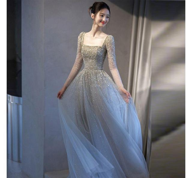 Long-Sleeve Square Neck Mesh A-Line Evening Gown Product Image