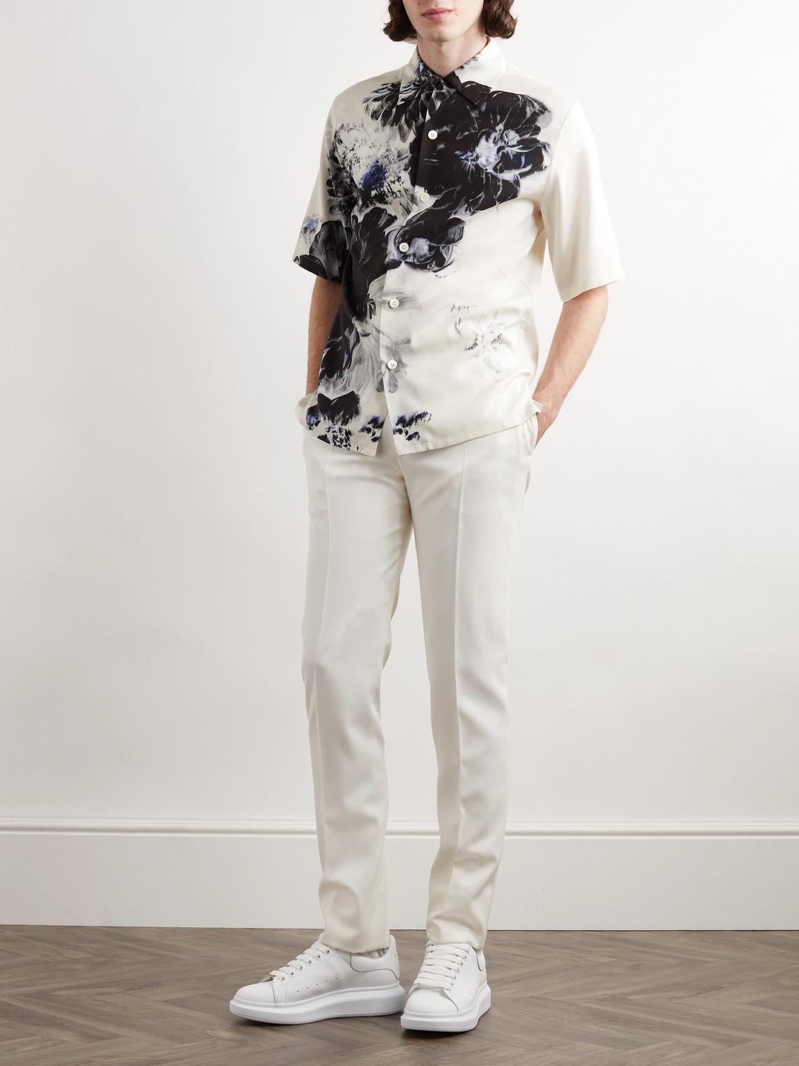 Convertible-collar Floral-print Silk Shirt In White Product Image