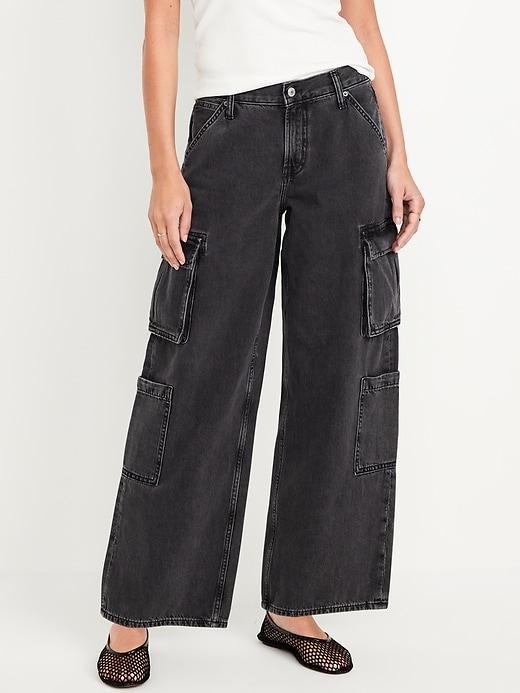 Mid-Rise Baggy Wide-Leg Cargo Jeans Product Image