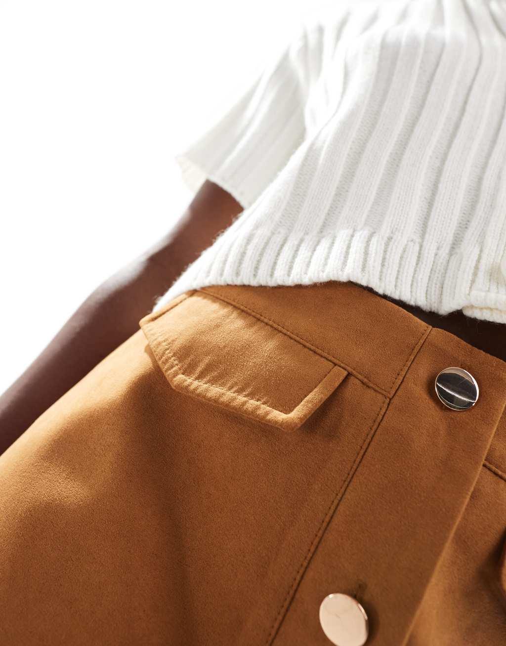 ASOS DESIGN button front pocket detail faux suede skort in tan Product Image