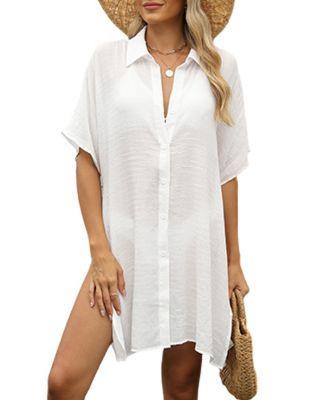 Cupshe Womens White Collared Split Hem Cover-Up Product Image