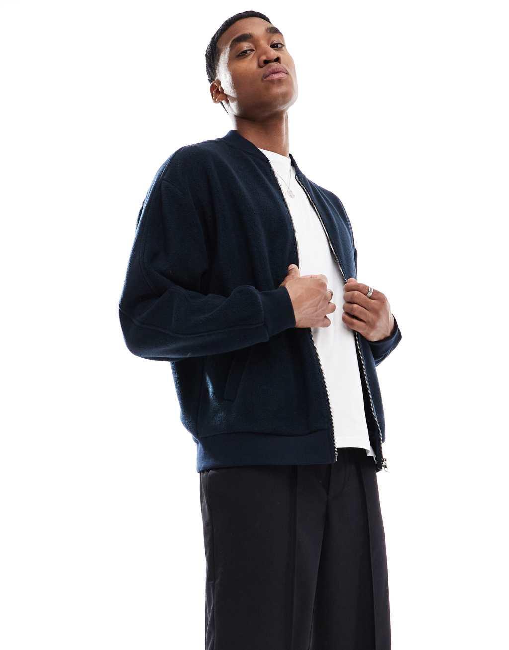 ASOS DESIGN zip through fleece shacket in navy product image