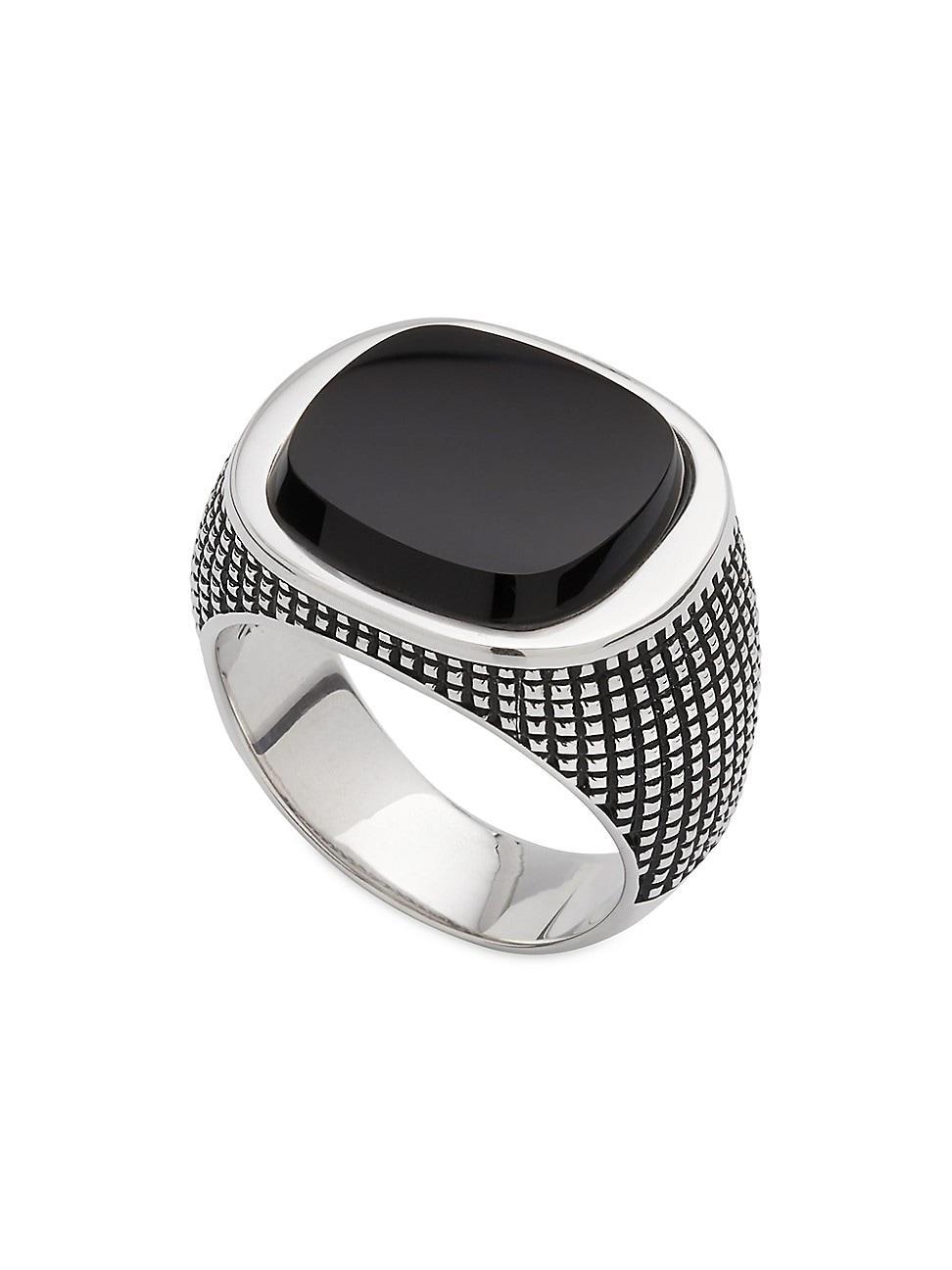 Mens Cross Etched Onyx & Sterling Silver Ring Product Image