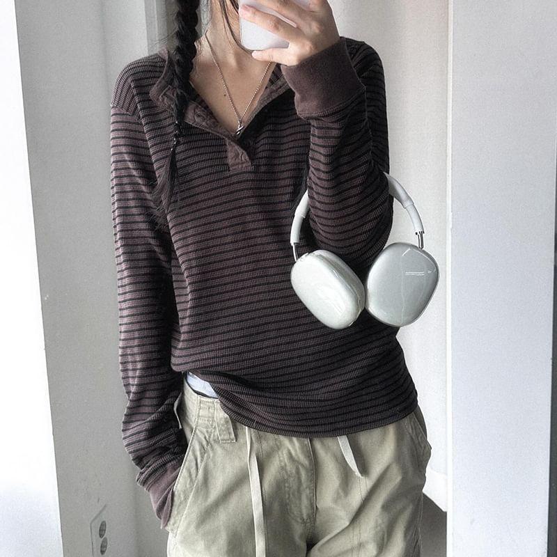 Long Sleeve Half-Button Striped Loose-Fit Top Product Image