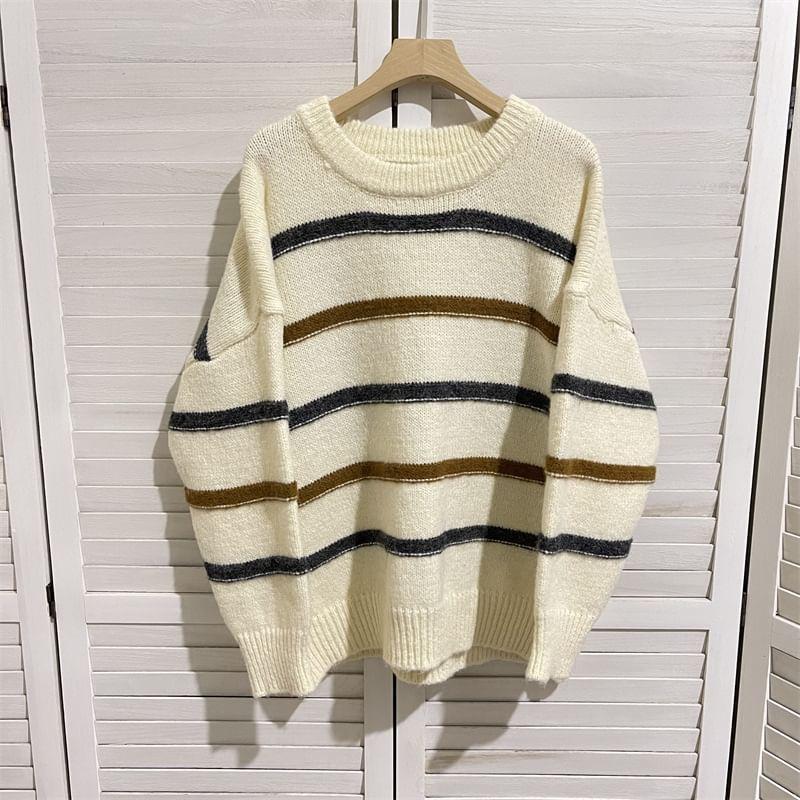 Round Neck Striped Oversized Sweater Product Image