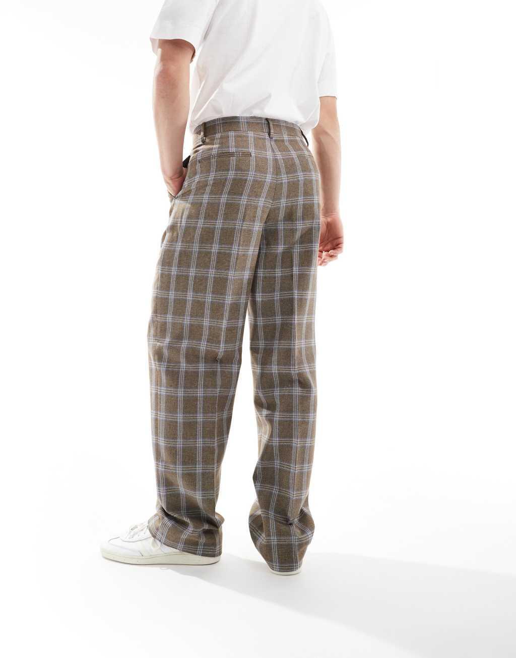 ASOS DESIGN smart wide leg plaid pants in brown Product Image