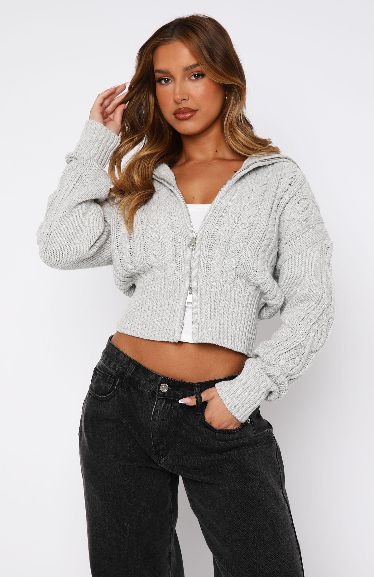 All At Once Zip Front Knit Sweater Grey Marle Product Image