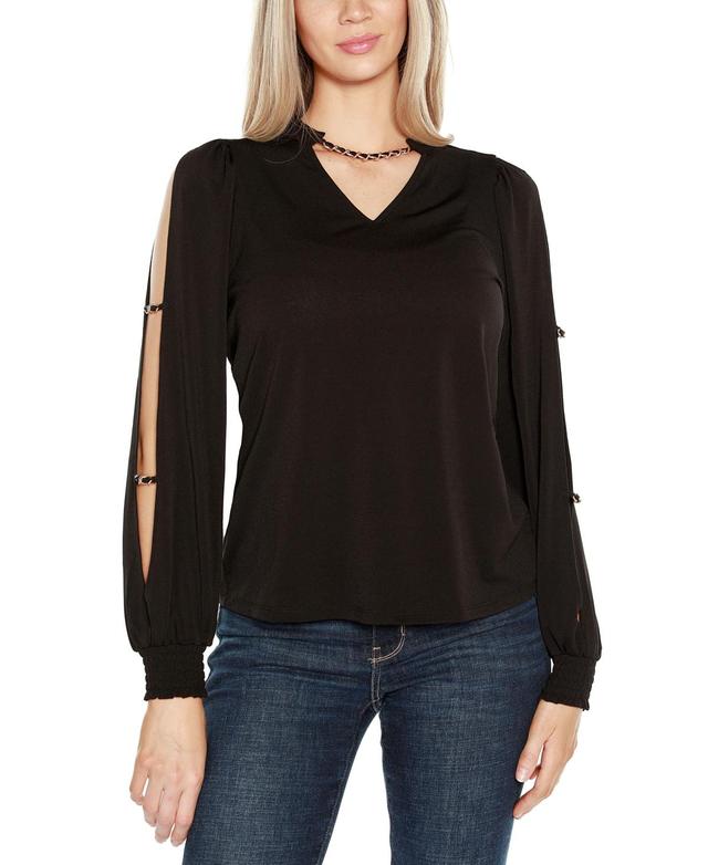 Belldini Black Label Womens Split-Sleeve Chain-Neck Keyhole Top Product Image