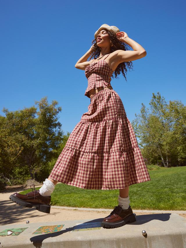 Woven High Rise Gingham Tiered Midi Skirt Product Image