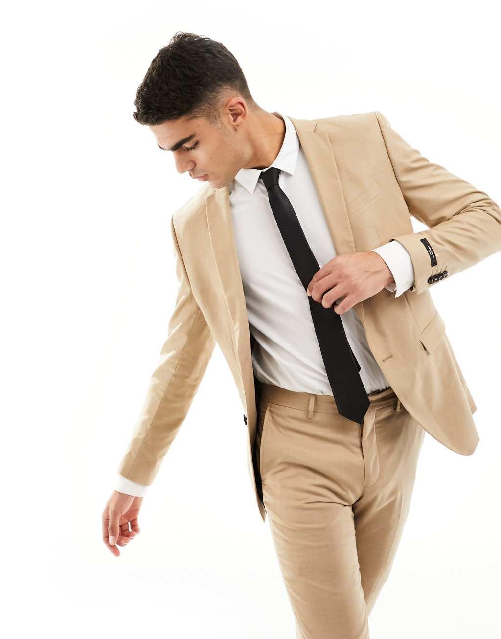 Jack & Jones Premium slim fit suit jacket in beige  Product Image