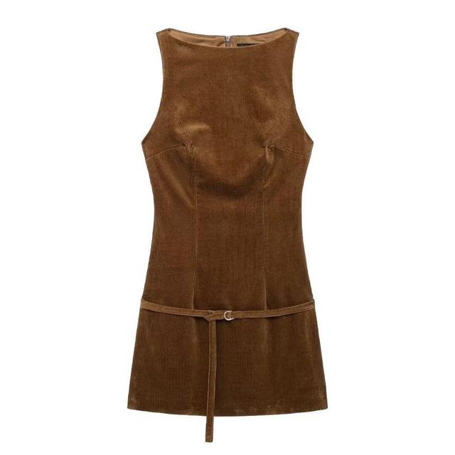 Sleeveless Boat Neck Plain Corduroy Mini Sheath Dress Product Image