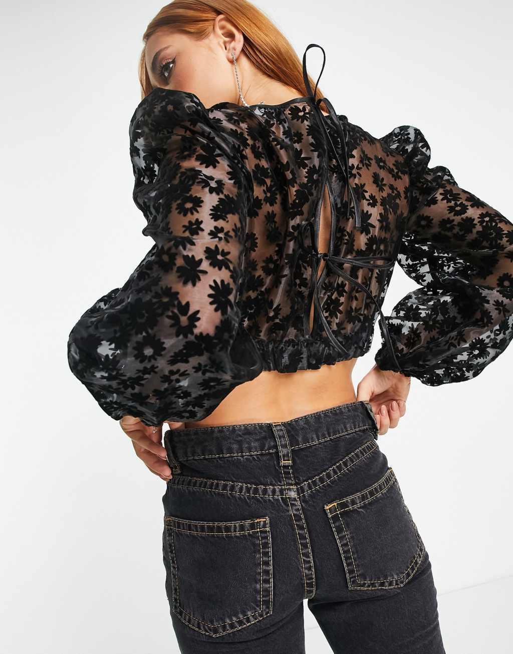 Topshop flocked floral organza top in black Product Image