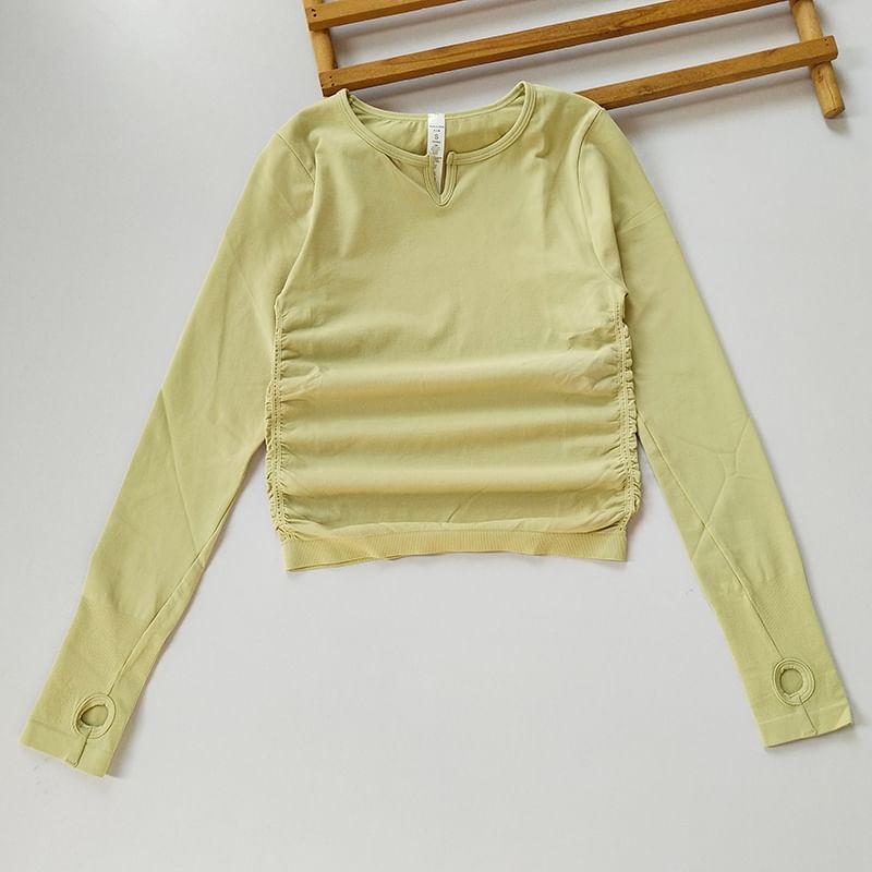 Long Sleeve Notch Neck Plain Ruched Sport Crop Top Product Image