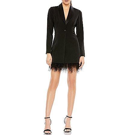 Mac Duggal Feather Trim Long Sleeve Tuxedo Cocktail Dress Product Image